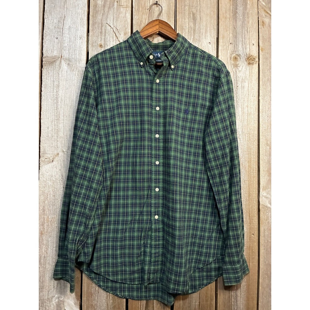 Polo Ralph Lauren Mens Classic Fit Plaid Button Down Shirt Green Navy Large